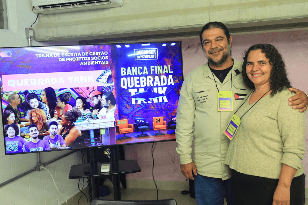 Empreendedores da Horta Comunitária do Parque Itajaí na Banca Final do Quebrada Tank em 2025, apresentando pitch para receber investimentos do Fundo da Quebrada.