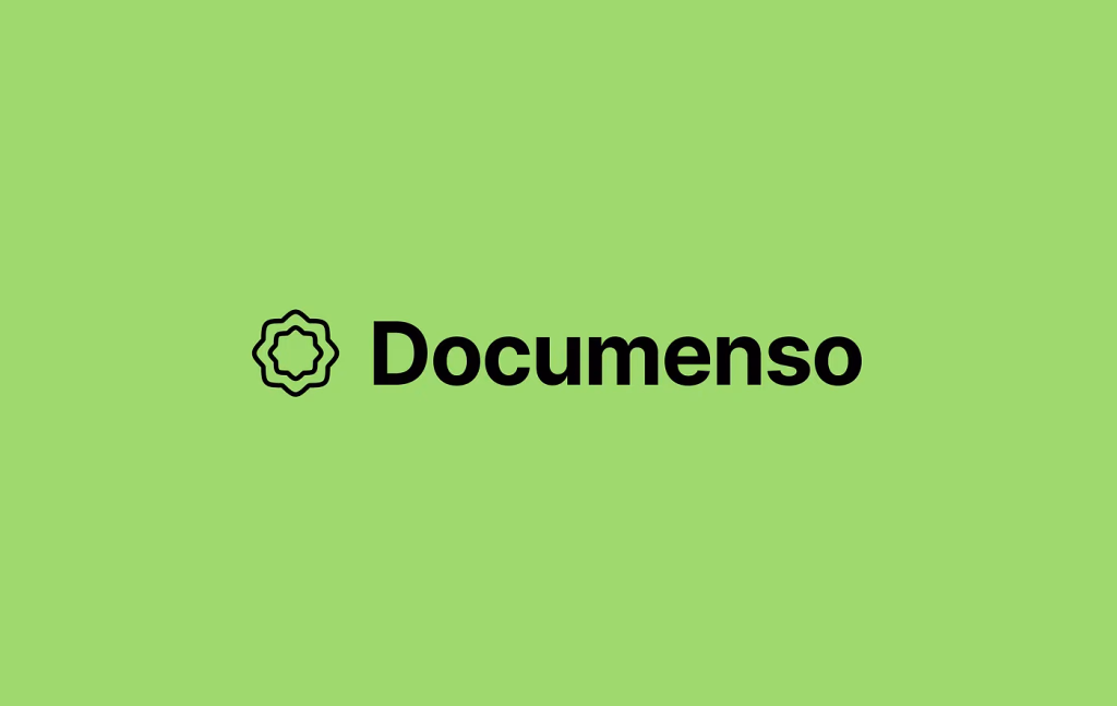Fundo verde, logotipo preto composto por um selo abstrato e letreiro escrito Documenso.